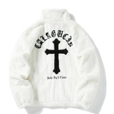 Foesce Men Rabbit Fur Jacket Coats Hip Hop Cross Letters Winter Fleece Jacket Streetwear Casual Harajuku Coat Zip Up Fashion Outerwear