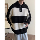 Casual Winter Lapel Sweater Men Warm Fashion Knitted Pullover Men Korean Loose Stripe Long Sleeve Sweater Mens Jumper Clothes