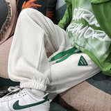 Corduroy Stripe Label Sweatpants For Men Streetwear Oversized Green Drawstring Sport Pants Fashion Design Male Trousers