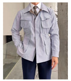 Foesce New Design Spring and Autumn Safari Jacket For Men Blue Stripe Casual Loose Man Single Outfit Jacket One Piece Jacket Coat
