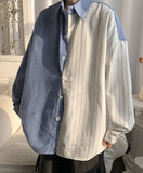 Men's Stripe Splicing Shirt Japan Style Loose Spring Autumn Streetwear Hip Hop Color Matching Long-sleeved Top Trend Teenagers