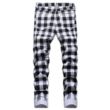 Men's Black and White Plaid Printed Jeans Fashion Check Digital Print Slim Straight Pants Stretch Trousers