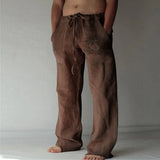 Men Baggy Cotton Linen Pants Casual Pocket Wide Leg Pant Full Length Drawstring Man Sport Pants Plus Size Loose Pants Streetwear