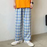 Foesce  Harajuku New Yellow Plaid Drawstring Men's Casual Pants Vintage Loose Straight Streetwear Male Pant Unisex Trousers