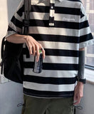 Foesce Short-sleeved T-shirt Men's Vintage Lapel Striped Shirt Hong Kong Style Loose Top Summer Hip Hop Urban Style Shirt