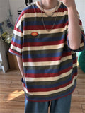 Striped cec short-sleeved T-shirt men women four-color striped preppy T-shirt Korean loose all-match lovers hip hop streetwear