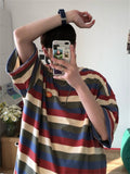 Striped cec short-sleeved T-shirt men women four-color striped preppy T-shirt Korean loose all-match lovers hip hop streetwear