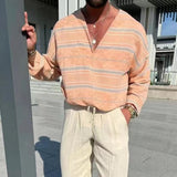 Foesce New Mens Linen T-Shirts Loose Long Sleeve V Neck Casual Tops Male Clothing Vintage Striped Printed Tee Shirt Fashion Pullovers