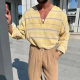 Foesce New Mens Linen T-Shirts Loose Long Sleeve V Neck Casual Tops Male Clothing Vintage Striped Printed Tee Shirt Fashion Pullovers