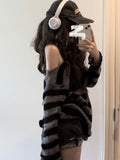 Gothic Streetwear Striped Knitted Sweater Women Harajuku Punk Hollow Out Jumper Hole Loose All-match Tops Grunge E-girl