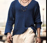 Foesce Men T Shirt Solid Color Knitted V Neck Long Sleeve Casual Men Clothing Streetwear Hollow Out Loose Camisetas S-5XL