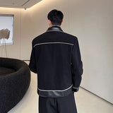 Men Wool Splice Leather Loose Casual Vintage Fashion Short Jacket Outerwear Male Korean Streetwear Business Coat