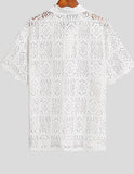 Men Shirt Lapel Short Sleeve Lace Hollow Out Sexy Streetwear See Through Camisas Fashion Casual Men Clothing S-5XL