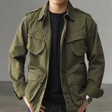 Foesce Vintage Field Jacket Men Army Green Lapel Multi-pocket Long Sleeve Tooling Jacket Spring Autumn Casual Cardigan Coat