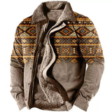 Foesce Winter Mens Warm Thick Fleece Lining Jackets Vintage Pattern Print Patchwork Turn-down Collar Buttoned Coats Men Outerwear