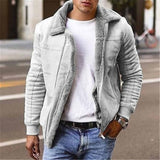 Men Plush Jacket Autumn and Winter Fashion Pure Color Warm Straight Jacket Men's Long Sleeve Zipper Turn-down Collar Jacket