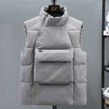 Foesce New Men's Autumn Winter Down Cotton Vest Front pocket Waistcoat Warm Sleeveless Jacket Stand Collar Solid Color Zipper Coat