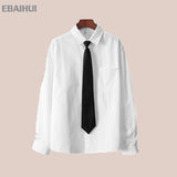 Foesce Men's White Shirts with Tie Set Preppy Uniform DK Loose Long Sleeve Shirt Couple Loose Basic Short Shirts Asian Size