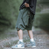 Hip Hop Solid Color Cargo Casual Shorts Multi Pockets Harajuku Retro Shorts Pants Male Streetwear  Ribbon Loose