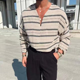 Foesce New Mens Linen T-Shirts Loose Long Sleeve V Neck Casual Tops Male Clothing Vintage Striped Printed Tee Shirt Fashion Pullovers