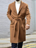 Khaki Woolen Men Coat One Piece Business Blazer Overcoat With Belt Winter Warm Wedding Groom Formal Work Party Causal Tailored