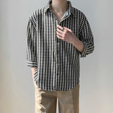 High Quality Houndstooth Three Quarter Sleeve Shirt Mens Autumn Thin Korean Fashion Loose Casual Designer Clothes Men Shirt