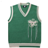 Harajuku Retro Embroidery Floral Jumper Knit Sweater Vest Aesthetics Korean Sleeveless Sweater Grandpa Ugly Sweater Women's Y2K