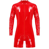 Black Wet Look Mock Neck Latex Bodysuit for Mens Lingerie Zipper Crotch Bodysuit Patent Leather Romper Clubwear Rave Outfit
