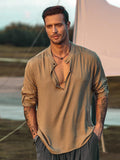 Men's Hippie Linen Shirt Casual Long Sleeve Henry Collar Summer Beach Loose Tee Tops Solid Color T shirts