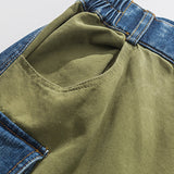 Green & Blue Patchwork Color Men Loose Denim Pants Elastic Waist New Letters Printed Hip Hop Mens Cargo Jeans