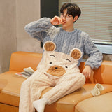 Foesce Funny Bear Cartoon Coral Fleece Pajamas For Men Winter Pijamas Warm Homewear Thick Flannel Pyjamas Plus Size Mens Sleepwear