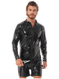 Black Wet Look Mock Neck Latex Bodysuit for Mens Lingerie Zipper Crotch Bodysuit Patent Leather Romper Clubwear Rave Outfit