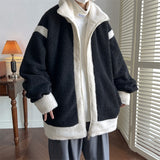 Lamb Wool Polar Fleece Contrast Color Jacket Men's Winter Loose Coat Turn Down Collar Male Zippers Outerwear