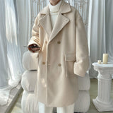 Winter Double Breasted Woolen Coat Men Warm Fashion Casual Long Woolen Coat Men Korean Loose Oversized Trench Coat Mens Overcoat