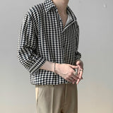 High Quality Houndstooth Three Quarter Sleeve Shirt Mens Autumn Thin Korean Fashion Loose Casual Designer Clothes Men Shirt