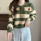 korean Bottoming Shirt Women's red Top Striped patchwork casual Loose Doll Collar Knit Sweater women Pullover All-match Sweaters