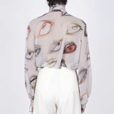 Vintage Button Turtleneck Hollow Shirts Men Sexy See Through Thin Shirt Fall Fashion Eyes Print Slim Long Sleeve Mens Tops