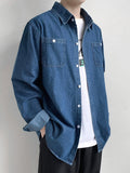 Spring New Button Pockets Men's Blue Denim Shirt Husband Fashion Long Sleeve Solid Cotton Slim Casual Shirts for Men