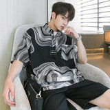 Thin Korean Streetwear T-Shirts Vintage Spring Summer Fashion Casual Button Pullovers Handsome Printing Geometric Men's Clothing