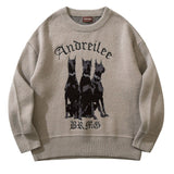 Men Vintage Sweater Y2K Streetwear Hip Hop Vintage Knitted Doberman Dog Sweaters Autumn Harajuku Fashion Retro Casual Sweaters