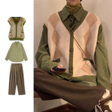 Foesce Retro Set Men Women Preppy Knitted Vest Harajuku Loose Long Sleeve Shirt Straight Wideleg Casual Trousers Couple Three-piece