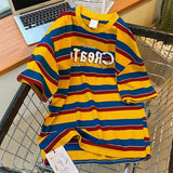 Foesce Retro Striped T-Shirt Women Summer Short Sleeve Round Neck Street Harajuku Cotton T-Shirt Oversized Casual Hip Hop Streetwear