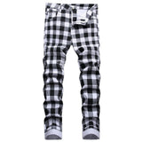 Men's Black and White Plaid Printed Jeans Fashion Check Digital Print Slim Straight Pants Stretch Trousers