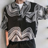 Foesce Thin Korean Streetwear T-Shirts Vintage Spring Summer Fashion Casual Button Pullovers Handsome Printing Geometric Men's Clothing