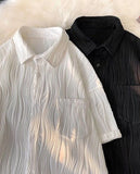 Foesce Pleated Jacquard Short-sleeved Shirt Men's Summer Ice Silk Thin Breathable Loose Casual Blouse Korean Simple Trend Top