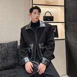Men Wool Splice Leather Loose Casual Vintage Fashion Short Jacket Outerwear Male Korean Streetwear Business Coat
