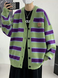 Foesce -Men's Cardigan V-neck Sweaters Autumn Winter Contrast Color Stripe Sweaters Male Knitted Coat Single Breasted