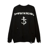 Foesce Harajuku Priest Salvation Printed Knitwears Women Streetwear Hip Hop Destroyed Hole Ripped Pullovers Jumper Oversized Men