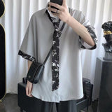 Foesce Men's Wear Shirt Handsome Clothes Suit Top With Men's Net Red Long Sleeves Shirts Give Tie Grey/black Color Shirts M-3XL
