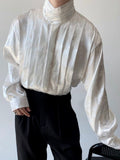 Foesce Chinese Pleated Stand Collar Jacquard Satin Trend Men's Shirt Long Sleeved Fashionable Autumn Male Tops Solid Color